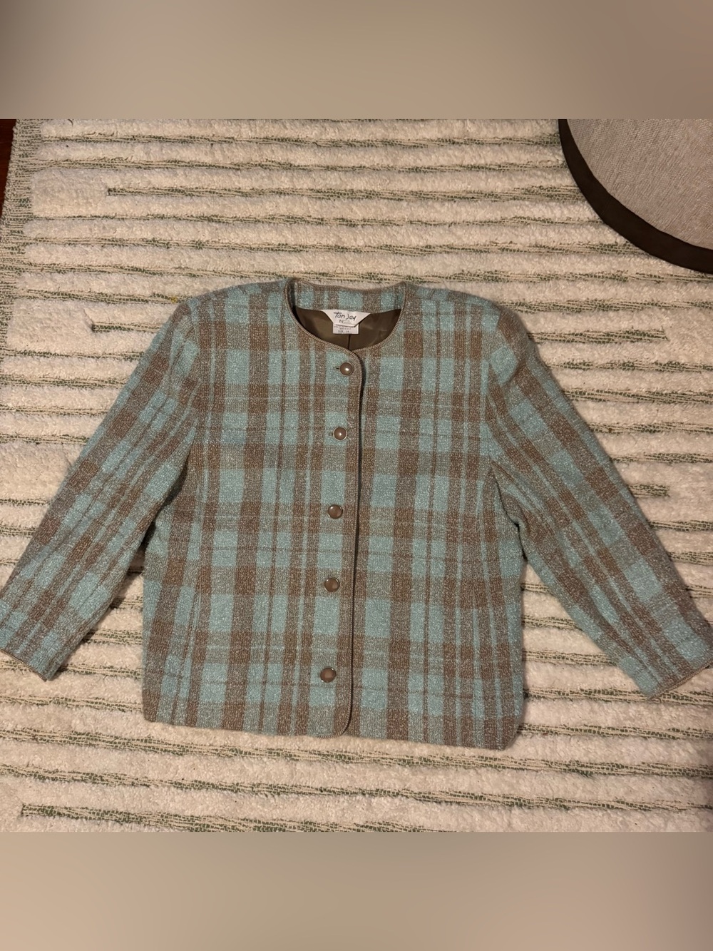 VTG Tan Jay Nygard Plaid Collarless Cropped Jacket Size 16